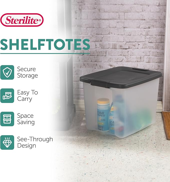 Sterilite 24-Pack ShelfTote, Clear Plastic Storage Bins with Lids, 50 Quart, Gray - Stackable Organizing Container Boxes for Closet, Bathroom, and Office
