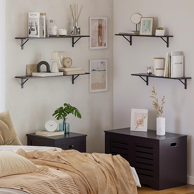 DINZI LVJ Long Wall Shelves, 23.6 Inch Wall Mounted Shelves Set of 2, Easy-to-Install, Wall Storage Ledges with Sturdy Metal Brackets for Living Room, Bathroom, Bedroom, Kitchen, Espresso