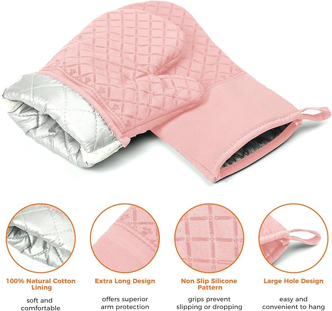 2 Pcs Oven Mitts for Kitchen Heat Resistant Oven Gloves, Soft Cotton Lining, Anti-Slip Silicone Stripe Oven Mitts Heat Resistant Oven Mits, Kitchen Mitt Pair Protect Hands, Cooking Baking Gloves Pink
