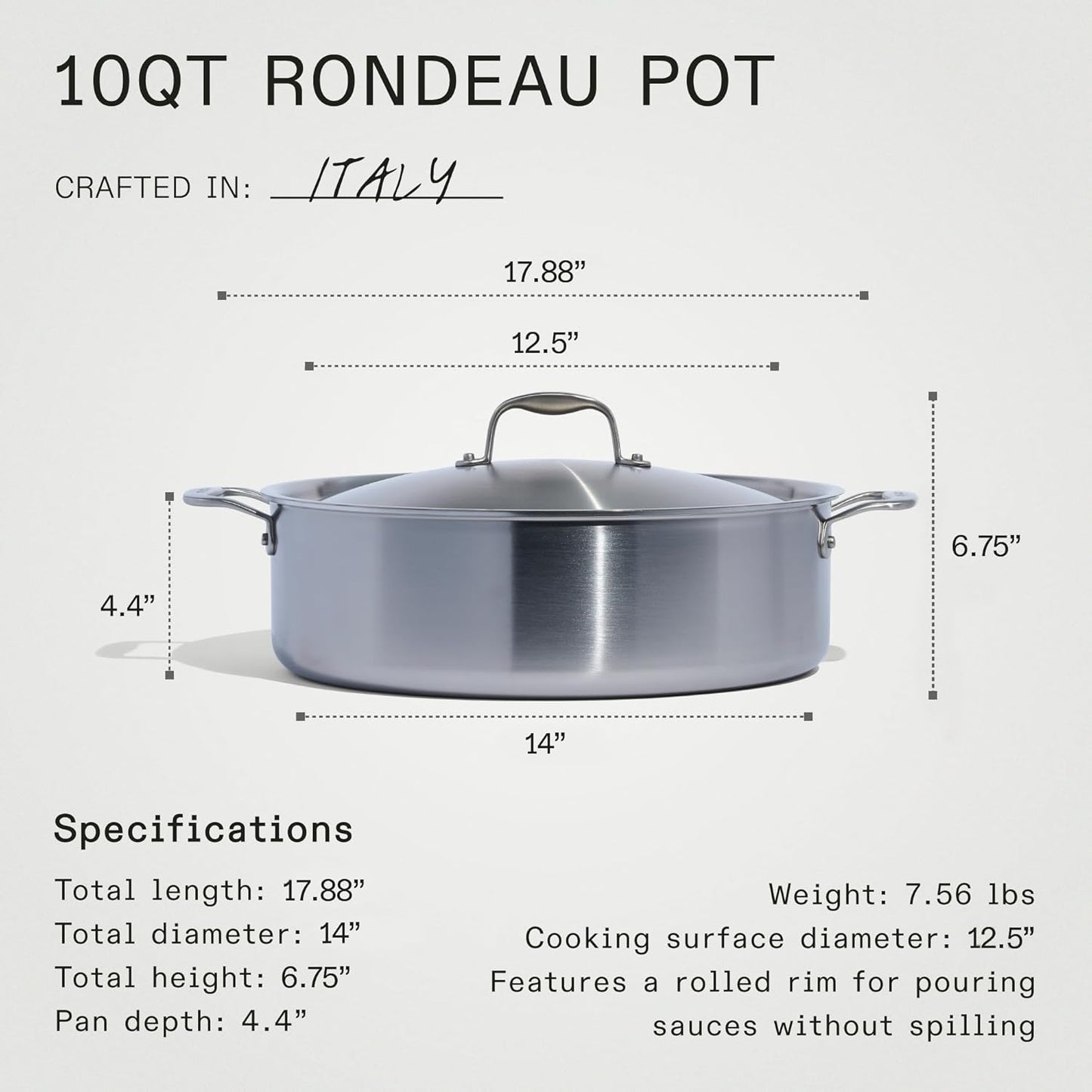 Made In Cookware - 10 Quart Stainless Steel Rondeau Pot w/Lid - 5 Ply Stainless Clad - Professional Cookware - Crafted in Italy - Induction Compatible