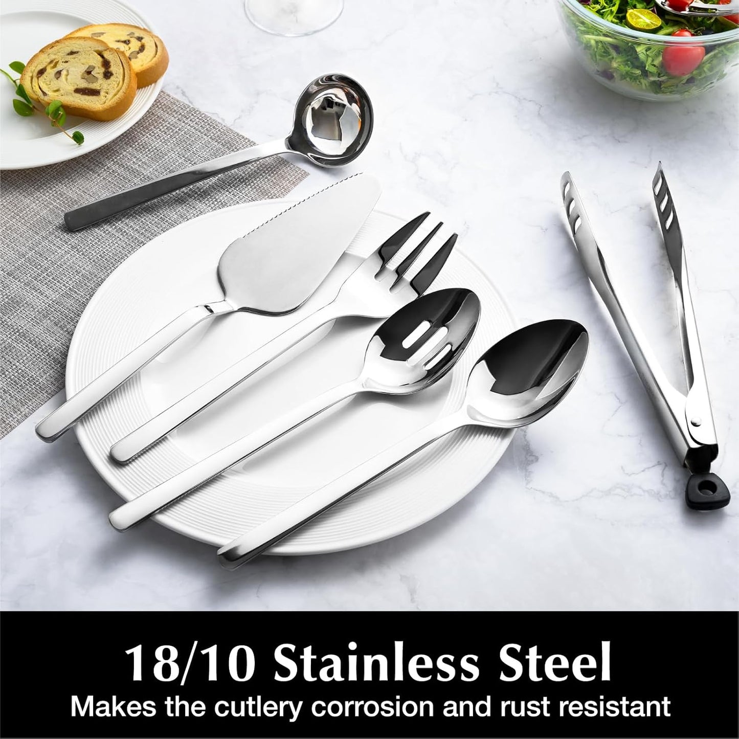 KINGSTONE Large Hostess Serving Utensils Set, 18/10 Stainless Steel Heavy Duty 10-inch Serving Utensils, Slotted Spoons, Forks, Tongs, Cake Pie Server for Buffet, Wedding, Party