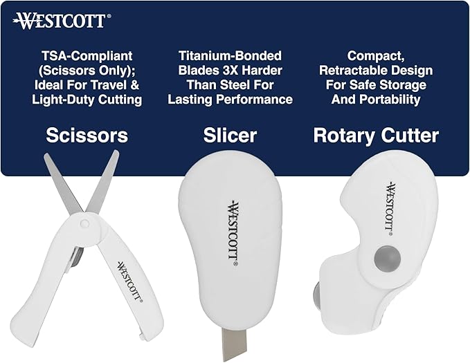 Westcott Titanium-Bonded Mini 3-Piece Travel Set - Folding Scissors for Fabric and Paper, Slicer & Rotary Cutter for Fabric