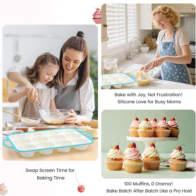 Silicone Muffin Pans for Baking 2 Pack, 2.6 Inch with Metal Reinforced Frame, Regular Size Nonstick Cupcake Pan 12 Cups for Baking Homemade Muffins, Dishwasher Safe BPA Free-Blue