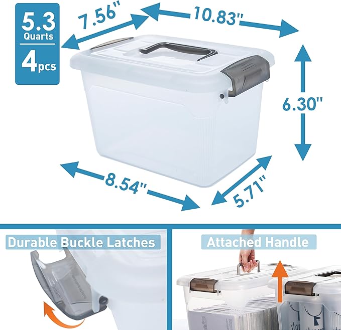 Citylife 4 Packs 6 QT Storage Bins with Lids Clear Plastic Bins with Grey Handle Stackable Storage Containers for Organizing