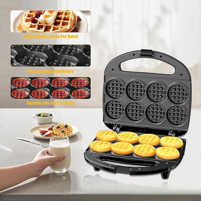 OSTBA Mini Waffle Maker, 8 * 2 inch Belgian Waffle Iron, 750W Non-Stick Electric Waffle Machine for Breakfast, Easy to Clean, Compact for Kids & Family Use