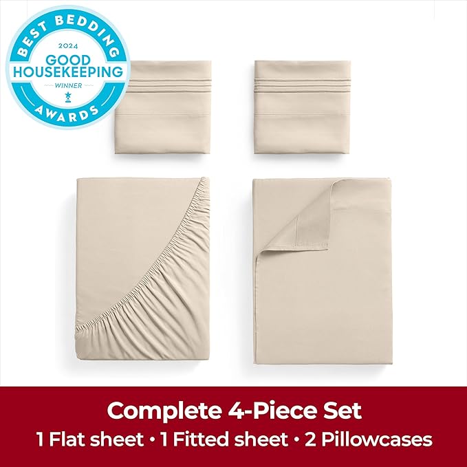 Mellanni Extra Deep King Sheets - 4 PC Iconic Collection Bedding - Hotel Luxury, Ultra Soft, Cooling Bed Sheets - Wrinkle, Fade, Stain Resistant (King, Beige)