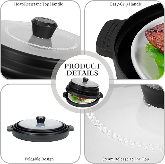 10.7 Inch Microwave Food Cover with Heat Insulation Mat, Anti-Scald Collapsible Microwave Splatter Cover, Multi-Functional as Colander & Fruit Plate, Dishwasher Safe, Ideal for Meal Prep (Transparent)