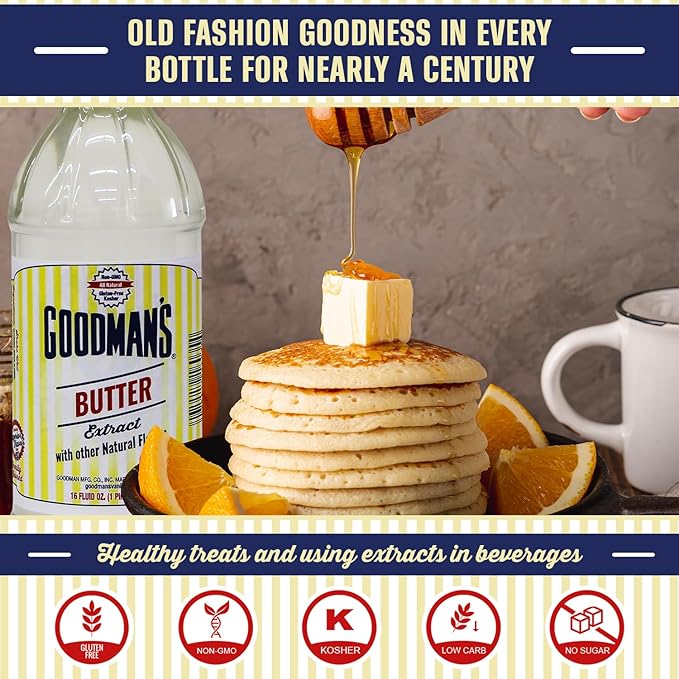 Goodman's Butter Extract - Gluten-Free, Non-GMO, Low Carb & Calorie, No Artificial Color - Safe for Dairy Sensitivities, Ideal for Baking - 1 Pint