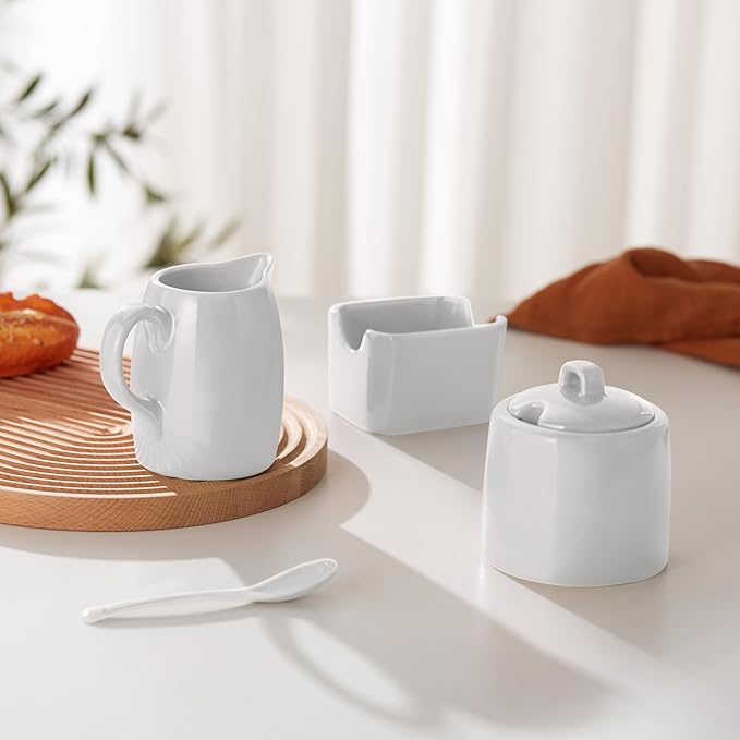 KooK Sugar and Creamer Set, 3 Piece, Pitcher, Sugar Bowl with Lid and Spoon, Sweetener Holder (White)