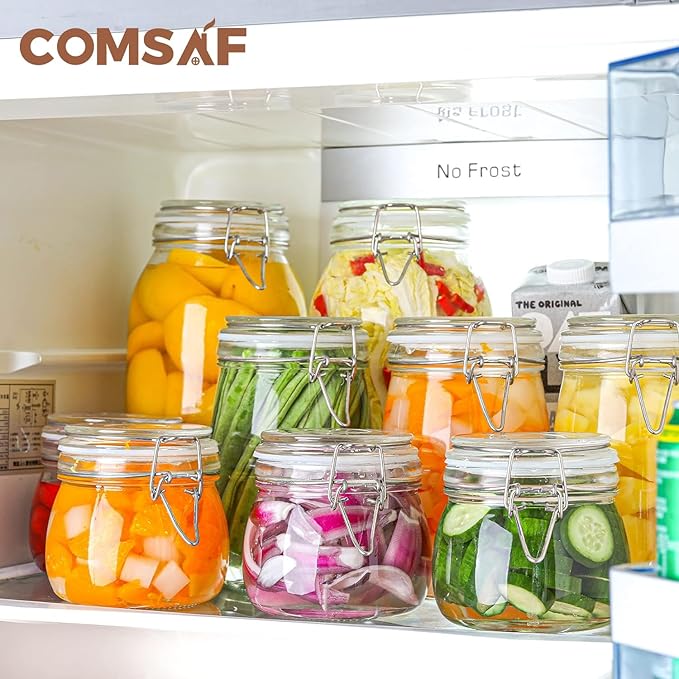 ComSaf Airtight Glass Canister Set of 6 with Lids 17oz Food Storage Jar Round - Storage Container with Clear Preserving Seal Wire Clip Fastening for Kitchen Canning Cereal,Pasta,Sugar,Beans,Spice