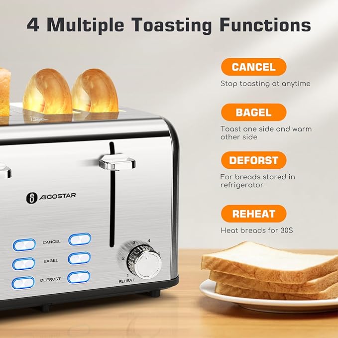 Aigostar Toaster 4 Slice 1.6" Wide Slot Stainless Steel Toasters with Bagel, Reheat, Cancel, Defrost Function, 6 Shade Settings, Removable Crumb Tray, 1550W, Best Rated Prime 4 Slice Toasters