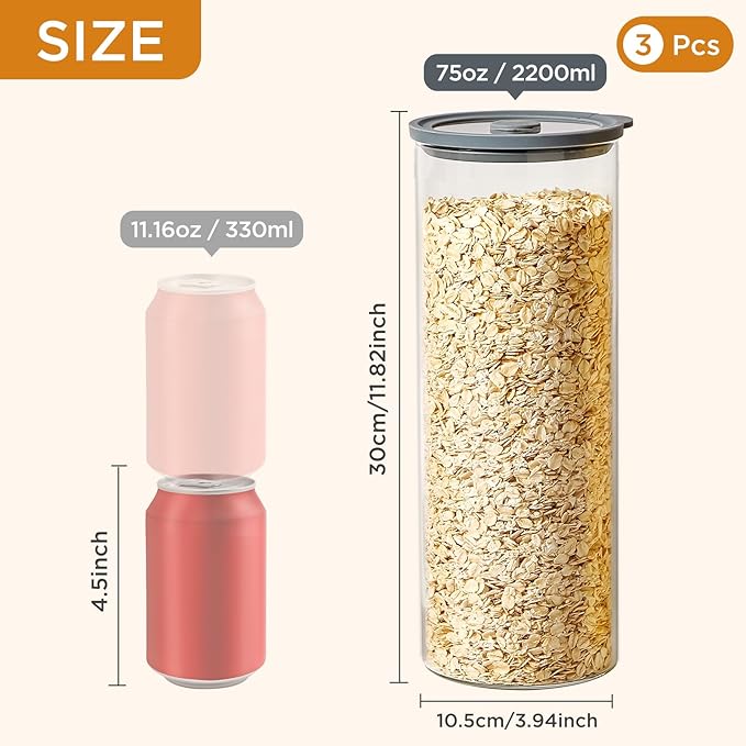 Glass Food Storage Jars with Lids[Set of 3], Perfect for Pasta, Cookies, Nuts, Coffee, Cereal, Flour, and More, Organize Your Kitchen with these BPA-Free Glass Jars with Silicone Lids