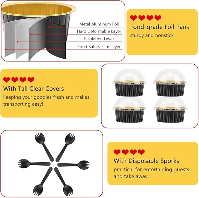 LNYZQUS 5oz Mini Cake Baking Pans with Lids 100 Pack, Disposable Mini Aluminum Cupcake Pan Muffin Cups, Small Cake Baking Cups Muffin Tin Cupcake Liners Containers for Custard Creme Brulee-Black