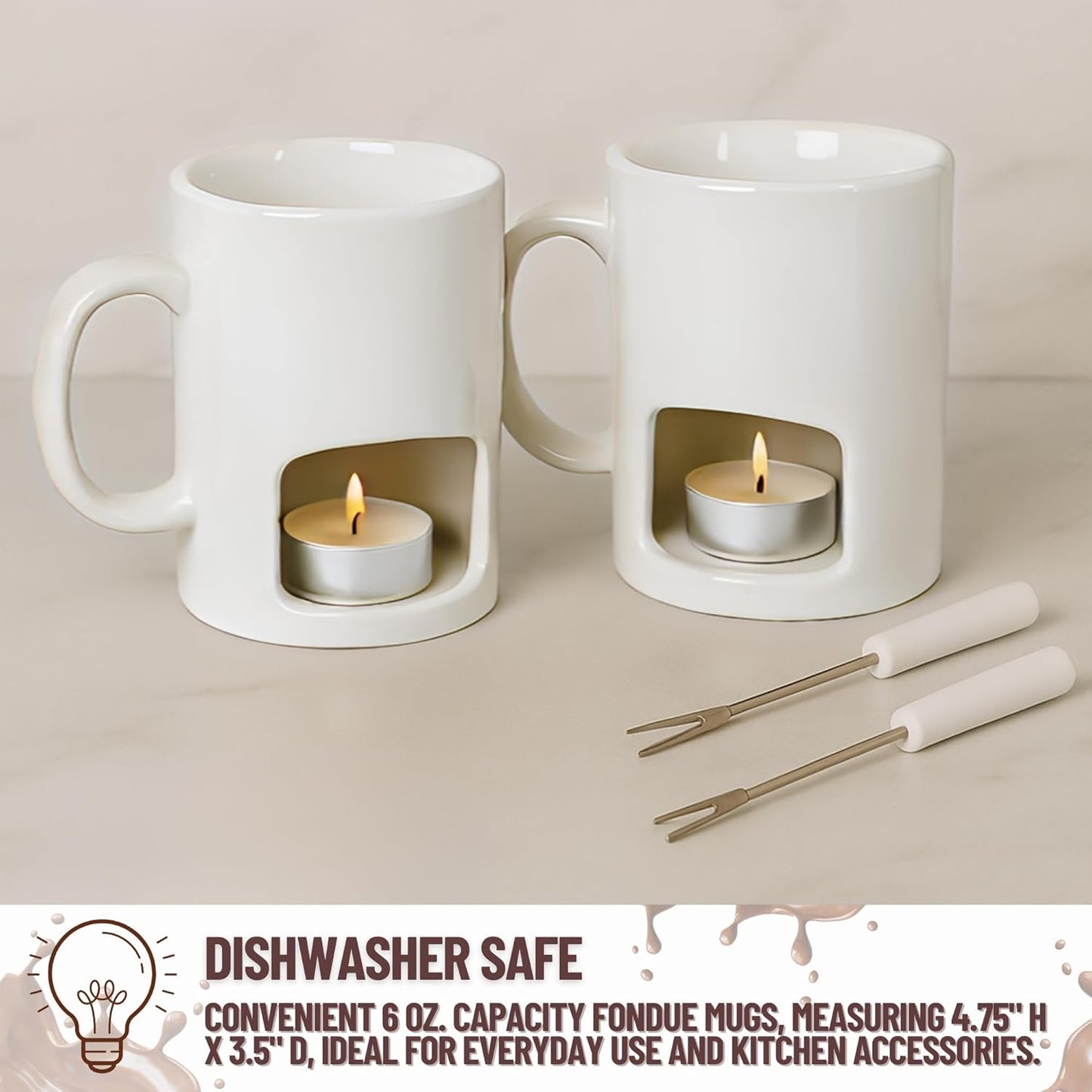 Evelots Fondue Pot Set for Chocolate, Cheese, Candy (2 Pack) Mini Ceramic Fondue Mugs Gift Set with 4 Forks & 8 Candles - Great for Date Night Birthday & Wedding Gifts