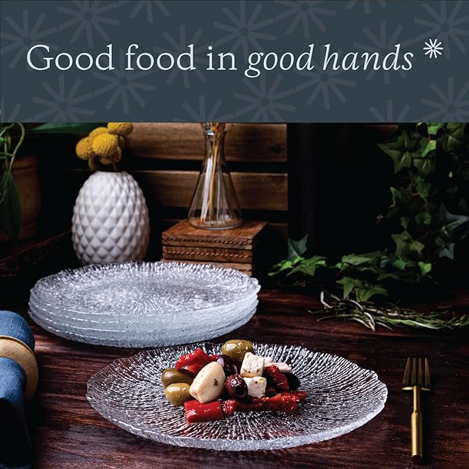 Vikko Salad Plate, Set of 6 Glass Plates, 8.5 Inch Dessert, Salad, Appetizer Plate, Elegant Textured Glass Design, Stackable Plates For Special Occasion, Dishwasher Safe