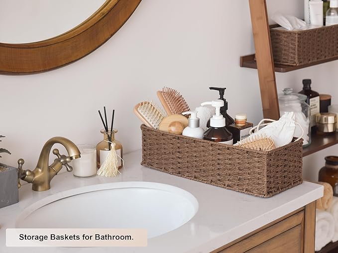 StorageWorks Round Paper Rope Toilet Tank Topper Basket, Wicker Basket for Bathroom, Brown, 2-Pack