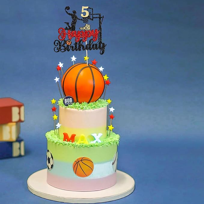 1Pc 5th Birthday Basketball Cake Topper Glitter Basketball Sports Theme Cake Pick for Baby Shower 5th Birthday Cake Decorations Party Supplies Black