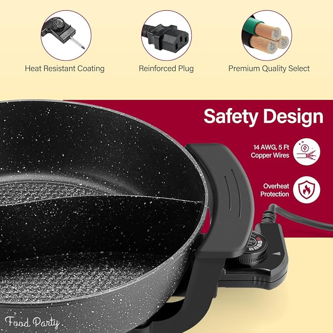 Food Party Electric Hot Pot with Divider Hotpot Pot Electric Hopot Cooker Shabu Shabu Pot 110V 1200W Non-Stick 6-Quart BPA FREE Fondue Chinese Hot Pot