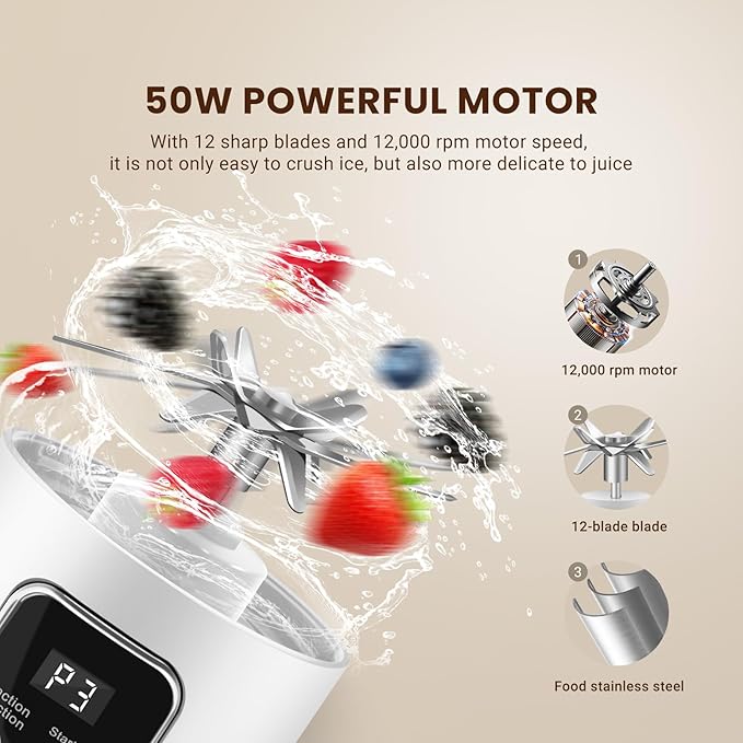 Portable Personal Electric USB Juicer，500ML Mini Blender Portable Blender For Shakes and Smoothies juice，12 Blades Great for Mixing，Compact、Convenient and Versatile (White)