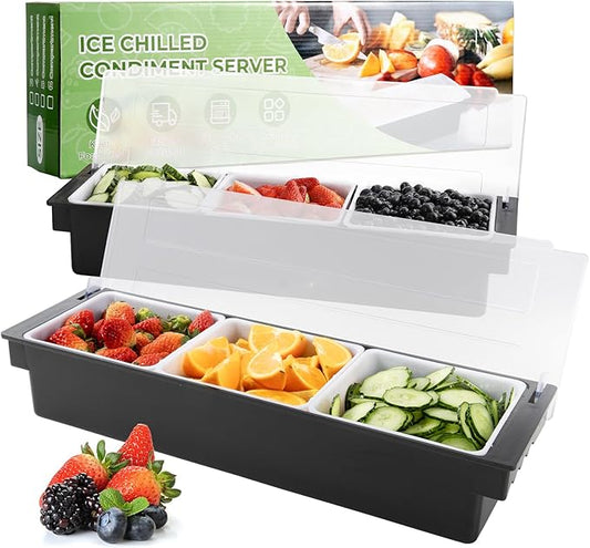 WICHEMI Fruit, Veggie & Condiment Caddy with Lid Dispenser Tray Garnish Station for Bartending & Serving Taco, Ice Cream, Salad Bar - Topping Organizer for Restaurant Supplies (3 Compartment, 2 Pack)