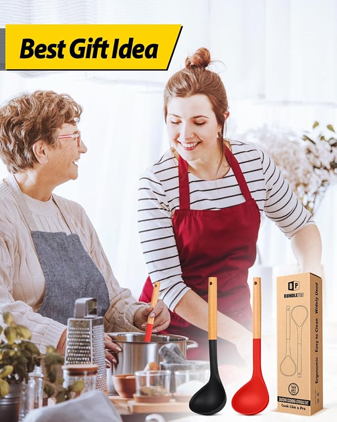 Pack of 2 Soup Ladle, Silicone Ladle Spoon with Wooden Handle, Large Non Stick High Heat Resistant Kitchen Utensils for Cooking, Stirring, Serving Soups(BLACK-RED)