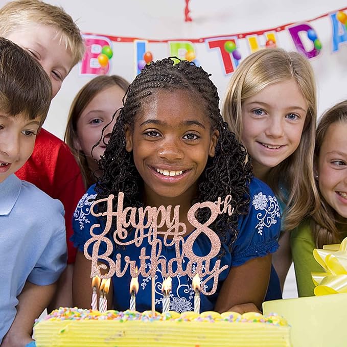 1 PCS Happy 8th Birthday Cake Topper Glitter Cheers to 8 Years Cake Pick Number 8 Fabulous Cake Decoration for 8th Birthday Party Decorations Supplies Rose Gold