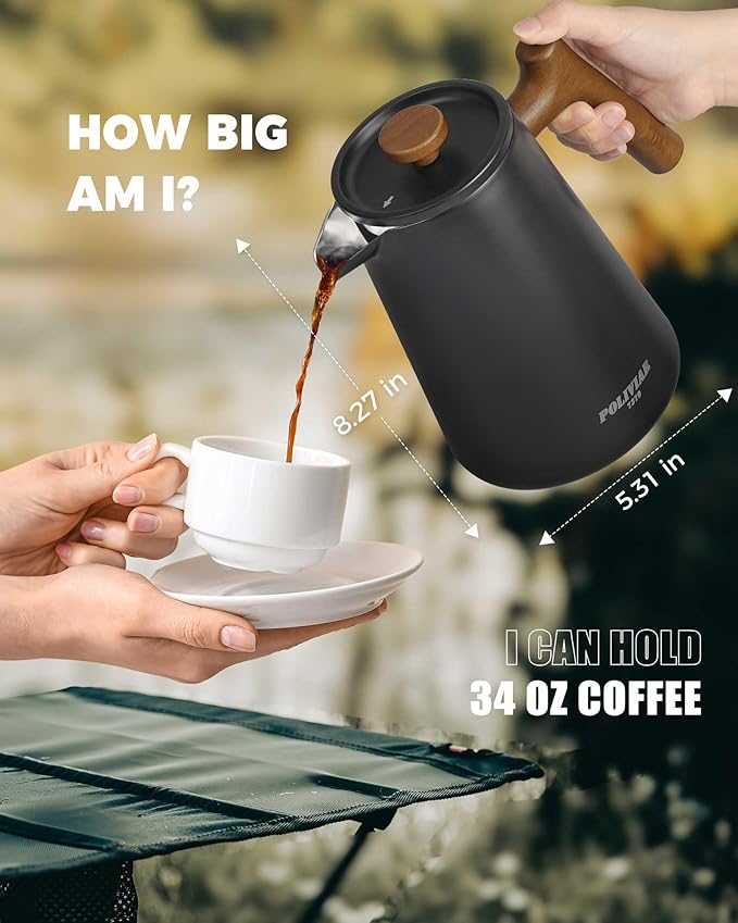 POLIVIAR French Press Coffee Maker, 34 oz Coffee Press with Real Wood Handle, Double Wall Insulation & Dual-Filter Screen, Food Grade Stainless Steel for Good Coffe and Tea, JX2025-XFPB