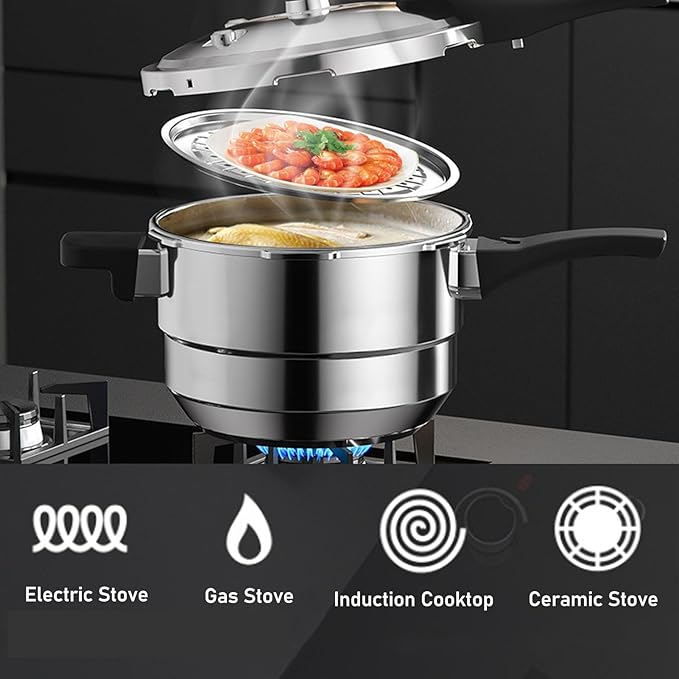 80Kpa Pressure Cooker Stainless Steel 8L Large Capacity, Pressure Canner with Steaming Rack Compatible with Gas & Induction Cooker (5L)