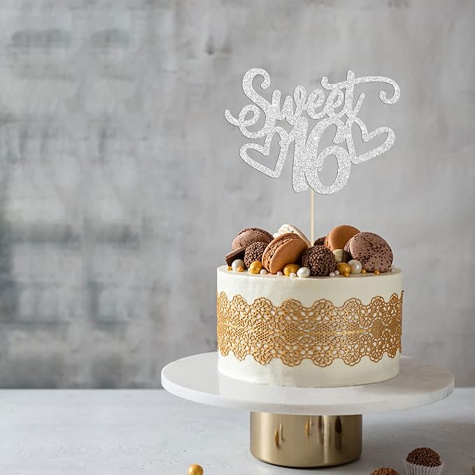 Gyufise 1Pc Sweet Teenager 16 Cake Topper Glitter 16th Birthday Cake Pick for Cheers to 16 Years Old 16th Birthday Party Cake Decorations Supplies Sliver