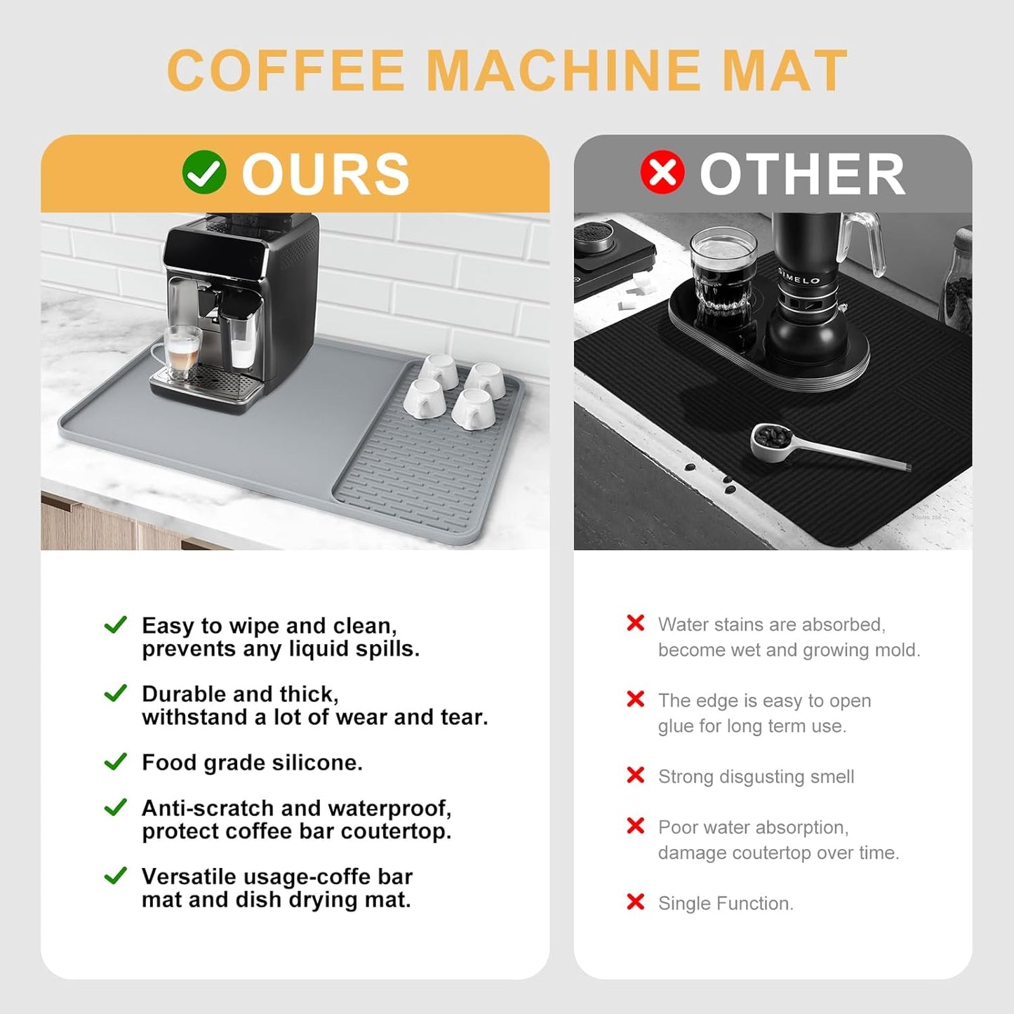 Silicone Coffee Mat, 24'' x 16'' Bar Mat with Detachable Dish Drying Mat for Countertops, Fits Under Coffee Maker, Machine, Espresso Machine, Dish Rack