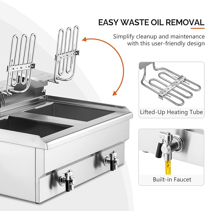 ROVSUN 24.9QT Electric Deep Fryer with Baskets, Timer Drains & Lids, 3400W Commercial Deep Fryer, Dual Tank Kitchen Countertop Frying Machine, Adjustable Temperature for Home Restaurant