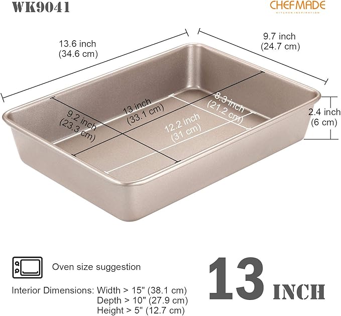 CHEFMADE 13-Inch Rectangle Cake Pan, Non-Stick Loaf Pan Deep Dish Bakeware for Oven Roasting Meat Bread Jelly Roll Battenberg Pizzas Pastries 9.7" x 13.6" X 2.4"(Champagne Gold)