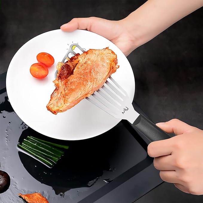 MIU Fish Spatula Stainless Steel, Slotted Flexible Metal, Lightweight Barbecue Turner, 6.5 inch Blade, Plastic Handle with Hole, Grilling Utensils