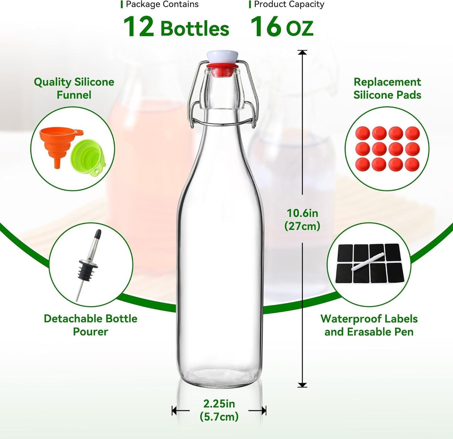 Leetaltree 12-Pack 16oz Swing Top Glass Bottles Set, Airtight Lid, Flip Top Bottles for Kombucha, Beverages, Beer, Oils