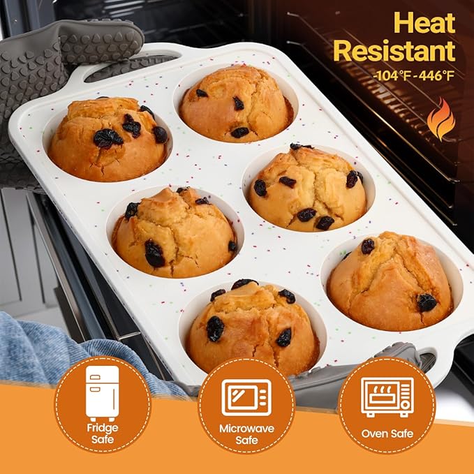 FUNBAKY Jumbo Silicone Muffin Pan with Metal Frame, 3.5 Inch Large Muffin Pans 6 Cups 2 Pack Confetti