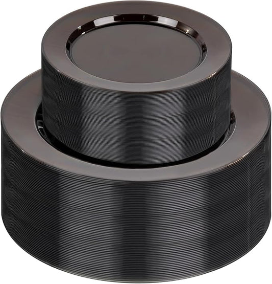 I00000 102 Pcs Clear Black Plastic Plates, Black Disposable Party Plates Include 51 Dinner Plate 10’’ and 51 Dessert Plate 7’’ Perfect for Birthday, Party & Wedding