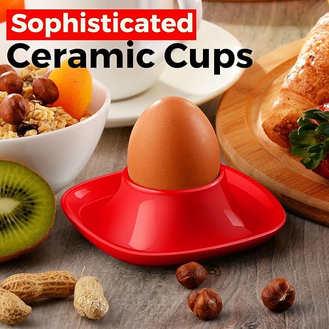 Flexzion Soft Boiled Egg Holder Set - 4-Piece Red Ceramic Egg Cup, Stackable Egg Coddler Cups with Base for Serving, Breakfast, Brunch - Kitchen Table Decor, Red