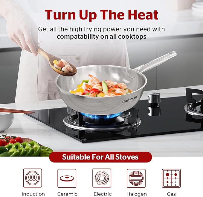 Sunhouse 18/10 9 Inch Stainless Steel Frying Pan, Whole-Clad No Coatings Skillet with Stay-cool Handle for Cooking, Durable & Oven Safe to 500°F, Dishwasher Safe, Compatible with All Cooktops
