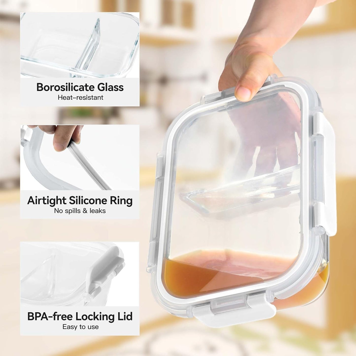 BAYZZ 5 Pack 35 Oz Glass Meal Prep Containers 2 Compartments, Glass Storage Containers with Lids, Airtight Lunch Bento Boxes, BPA-Free, Microwave and Freezer Safe,White