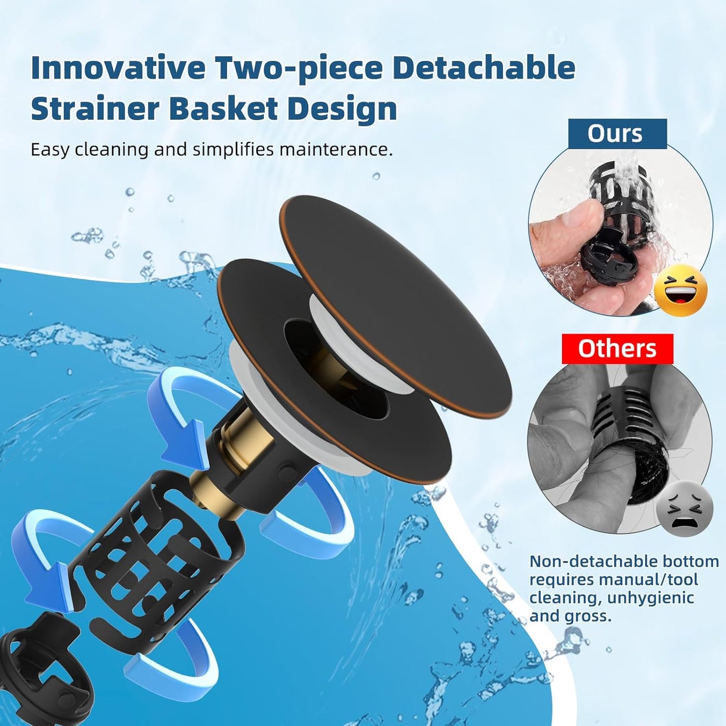 Hibbent Upgraded 3 in 1 Bathroom Sink Drain Strainer, Pop Up Sink Stopper with Big Push Cap, Anti-Clogging Metal Filter Basket,Sink Plug with Hair Catcher for 1.1''~2.36'' Basin, Oil-Rubbed Bronze