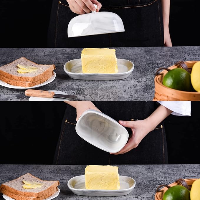 Yundu Grey Marble Butter Dish with Lid, Ceramics Butter Keeper Container, Perfect for East/West Butter