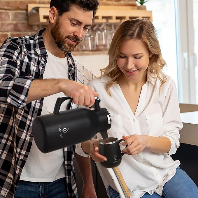 IDEUS Thermal Coffee Carafe 68oz (2,000ml), Stainless Steel Double Wall Insulated Vacuum Flask, Water Jug Coffee Server and Beverage Dispenser, Heat and Cold Retention (Black-Silver, 68oz (2,000ml))