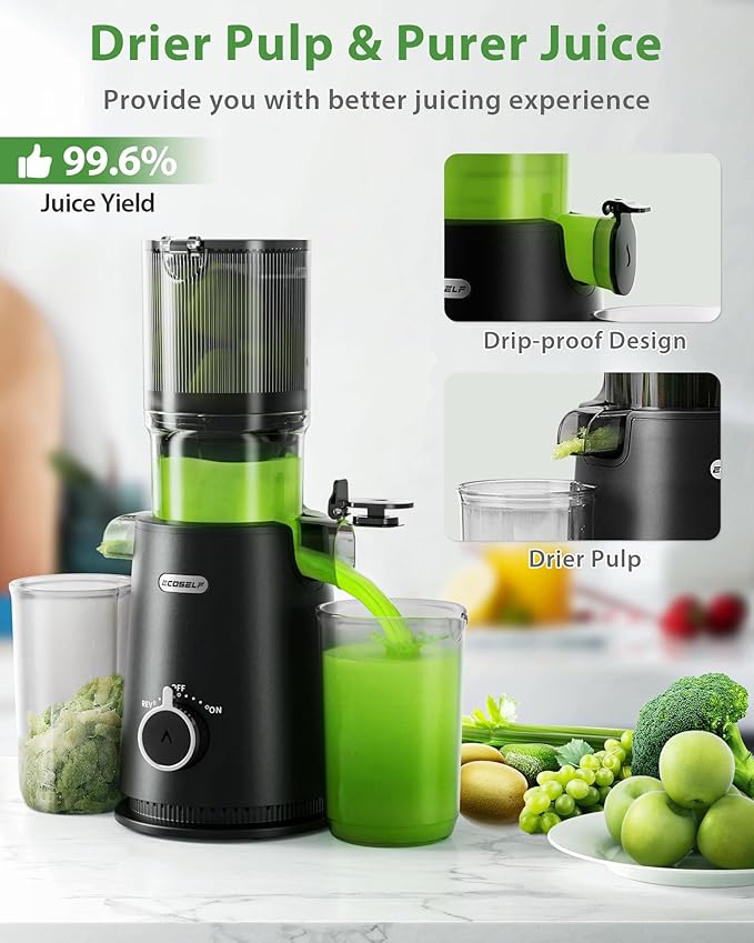 Cold Press Juicer, ECOSELF Juicer Machines with Large Feed Chute for Family Needs, Hands Free For Whole Fruits & Vegetables, Self Feeding for Juice Extractor Machine, Easy to Clean