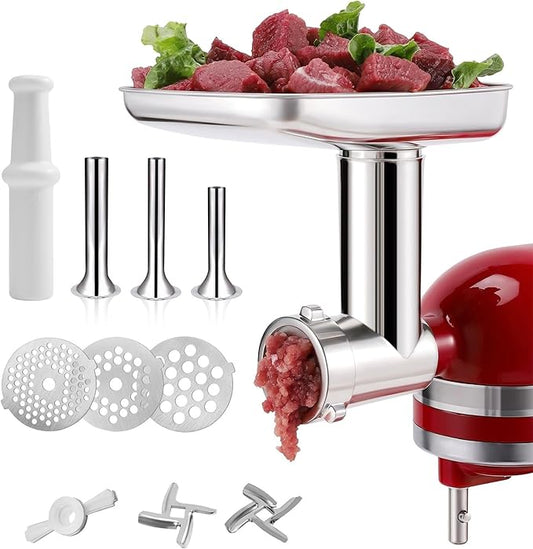 Stainless Steel Food Grinder Attachment for KitchenAid Mixers, Dishwasher Safe Meat Processor Aceesory Included 3 Sausage Stuffer Tubes