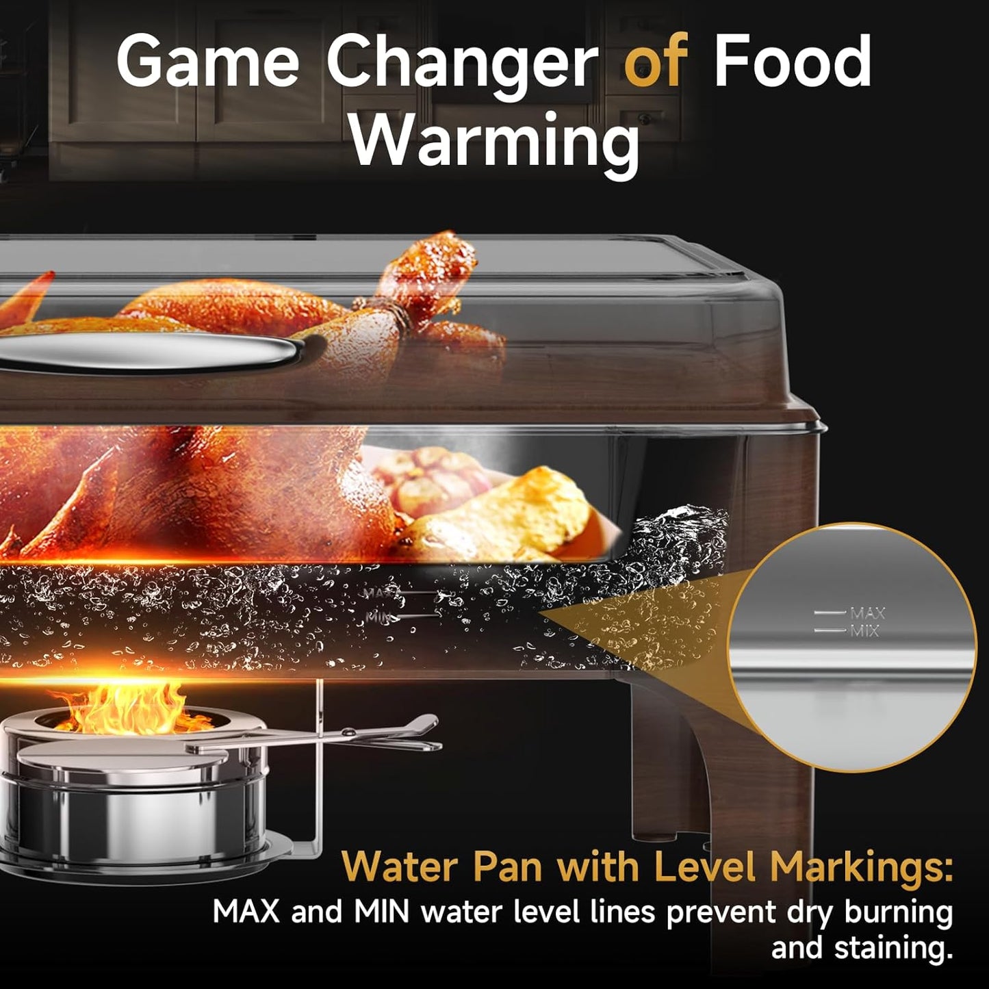 Chafing Dishes for Buffet, 9.5QT Square Stainless Steel Chafing Dish with Transparent Hydraulic Lid, 304 Food Pan, Buffet Warmer for Parties and Events (Wood Color)