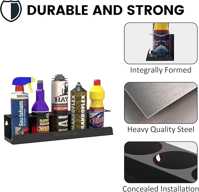 UNITEDPOWER 5 Aerosol Spray Can Holder, Paint Bottle Storage Rack, Steel Wall Mount Shelf, Tool Organizer for Garage, Craft Workspace and Home