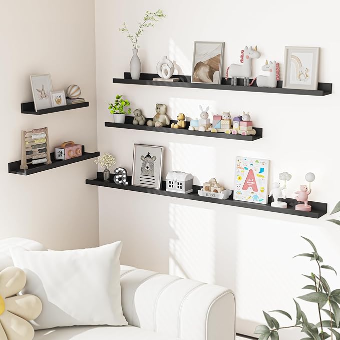 Heimlove Picture Ledge Shelf, Floating Shelves Set of 2, 56 Inches Picture Shelf for Wall with Ledge, Kids Bookshelf Wall Mounted for Living Room Bedroom Decor Books Photo Frames, Black