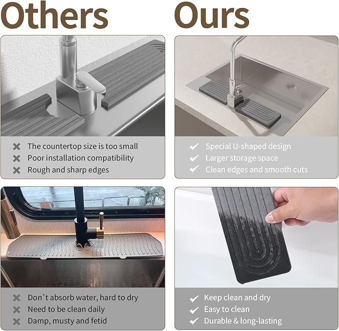 Faucet Mat for Kitchen Sink, Diatomite Stone Drying Sink Protectors, Bathroom Faucet Splash Guard, Quick Dry Water Absorbing, Non-Slip Stone Tray for Kitchen Counter, Grey, 15.7" x 3.9"