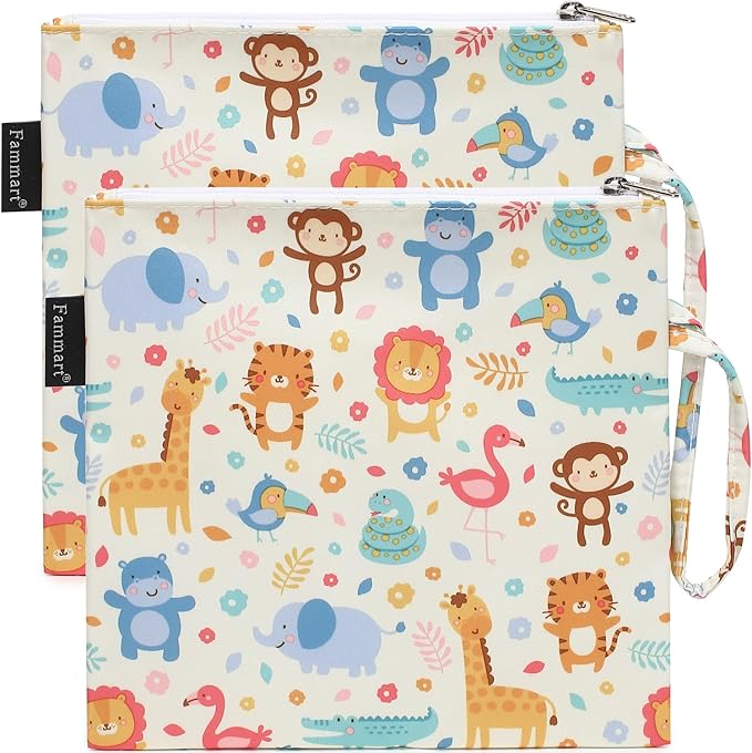 Reusable Sandwich Bag/Snack Bag for Kids & Adults, Dual Layer Lunch Bag with Handle, Washable, Food Safe, BPA Free (2-Pack, Zoo)