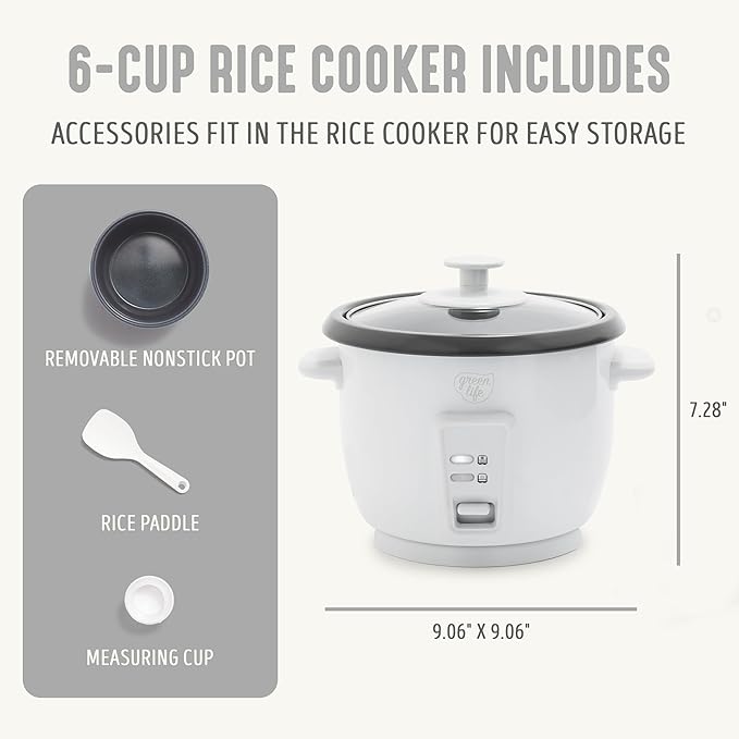GreenLife Electric Rice Cooker, 3-Cups Uncooked/6-Cups Cooked, Removable PFAS-Free Nonstick Pot, One-Switch Design, Auto Keep Warm, Small Space Saving, Rice Paddle, Soup, Grains, Oatmeal, 1.5 QT, White